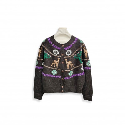 CHANEL CARDIGAN LONG SLEEVE REINDEER CLOVER TWEED BROWN CASHMERE 